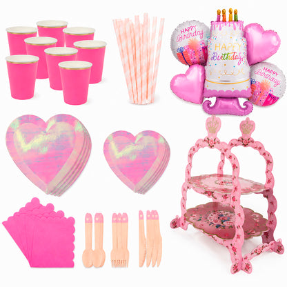 Kit de Fiesta Corazón Tornasol: Platos, Vasos, Cubiertos, Popotes, Servilletas y Decoración