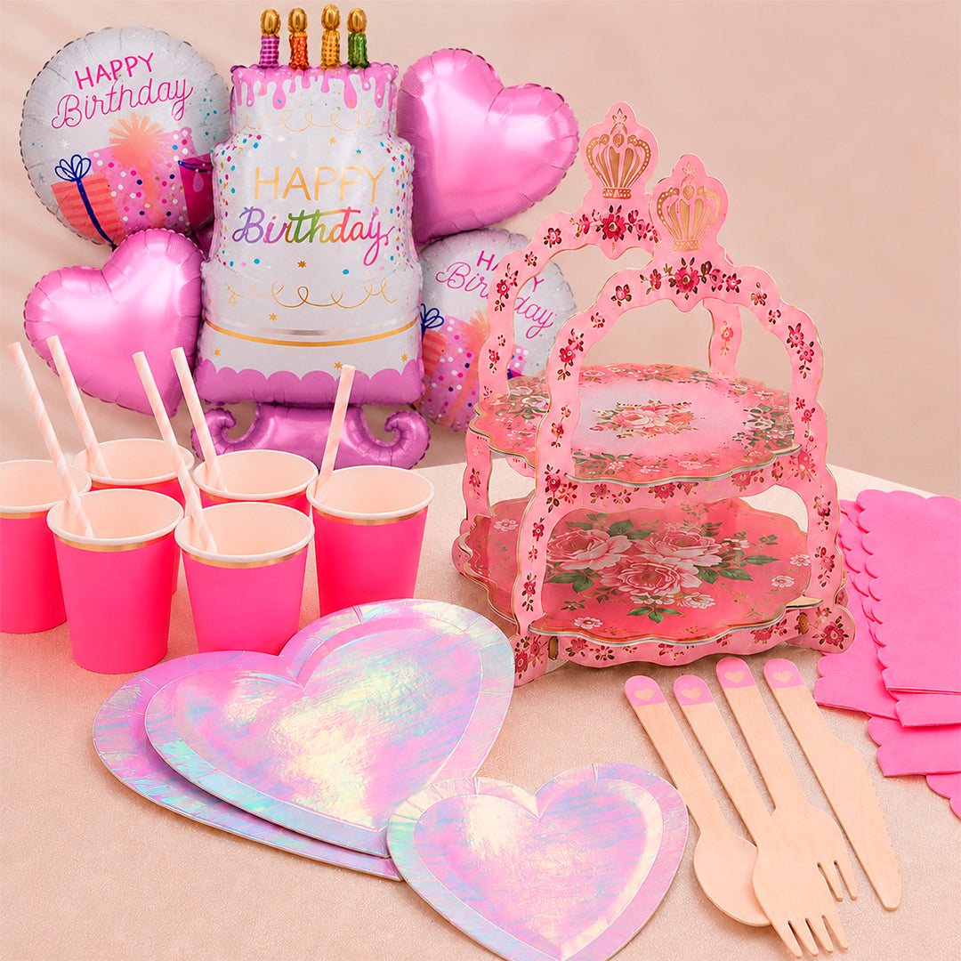 Kit de Fiesta Corazón Tornasol: Platos, Vasos, Cubiertos, Popotes, Servilletas y Decoración