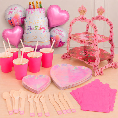 Kit de Fiesta Corazón Tornasol: Platos, Vasos, Cubiertos, Popotes, Servilletas y Decoración