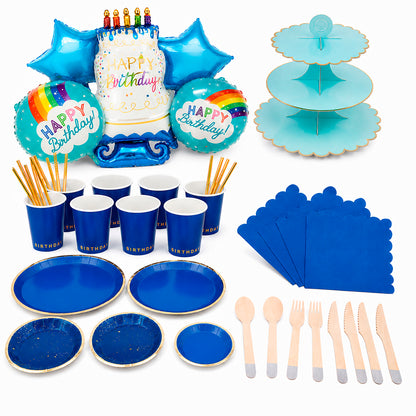 Kit de Fiesta Collection Azul Rey: Platos, Vasos, Cubiertos, Popotes, Servilletas y Decoración