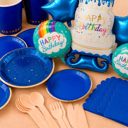 Kit de Fiesta Collection Azul Rey: Platos, Vasos, Cubiertos, Popotes, Servilletas y Decoración