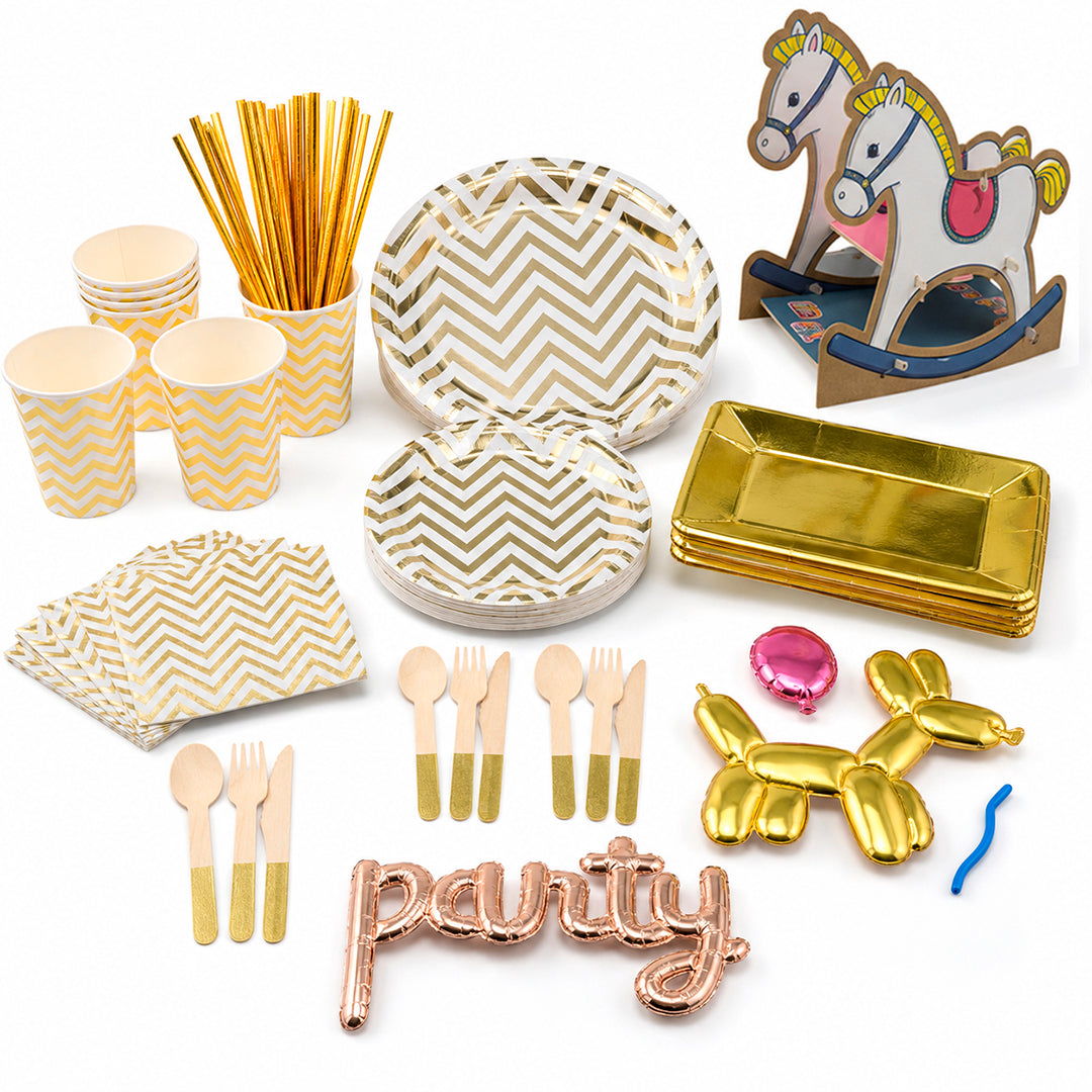 Kit de Fiesta Candy Baby Dorado: Platos, Vasos, Cubiertos, Popotes, Servilletas y Decoración