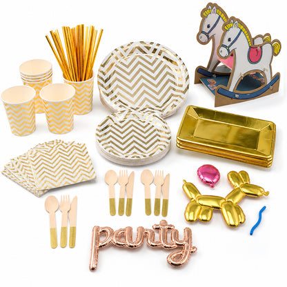 Kit de Fiesta Candy Baby Dorado: Platos, Vasos, Cubiertos, Popotes, Servilletas y Decoración