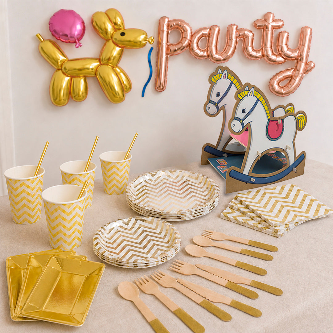 Kit de Fiesta Candy Baby Dorado: Platos, Vasos, Cubiertos, Popotes, Servilletas y Decoración