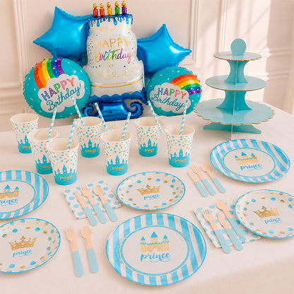 Kit de Fiesta Pequeño Príncipe Azul: Platos, Vasos, Cubiertos, Popotes, Servilletas y Decoración