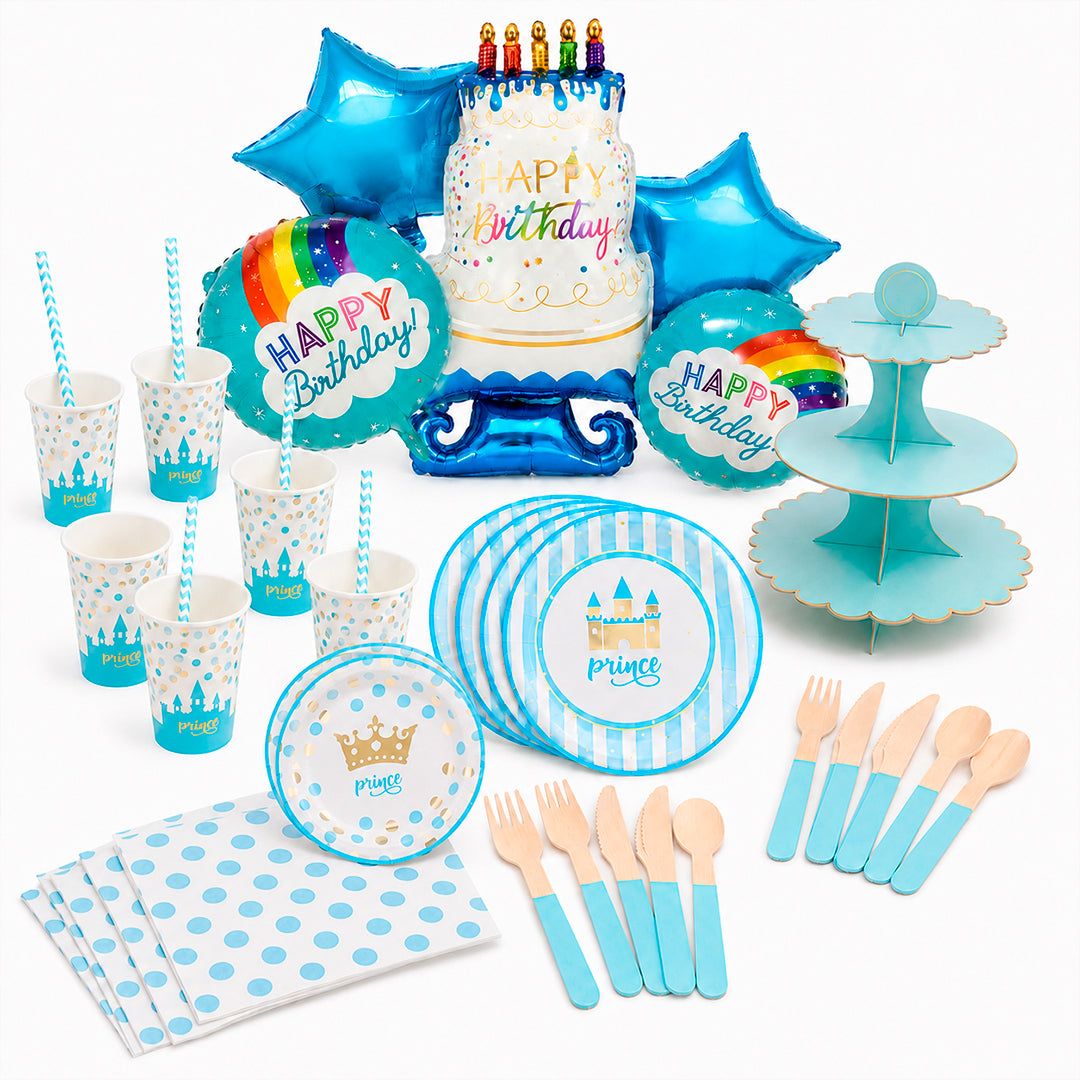 Kit de Fiesta Pequeño Príncipe Azul: Platos, Vasos, Cubiertos, Popotes, Servilletas y Decoración