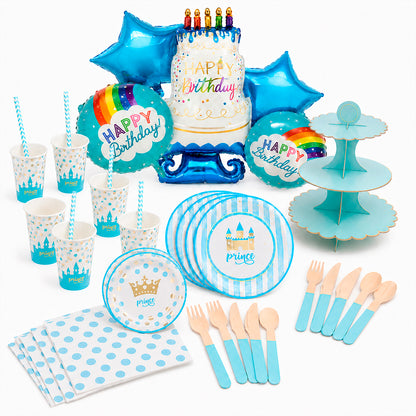 Kit de Fiesta Pequeño Príncipe Azul: Platos, Vasos, Cubiertos, Popotes, Servilletas y Decoración