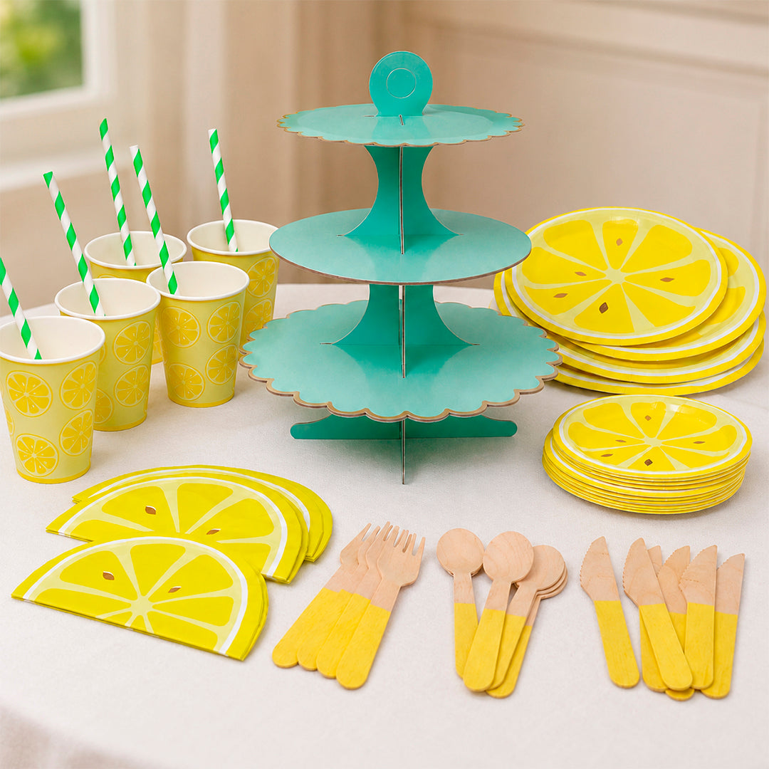 Kit de Fiesta Cítrica Lima: Platos, Vasos, Cubiertos, Popotes, Servilletas y Decoración