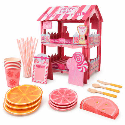 Kit de Fiesta Citrica Toronja: Platos, Vasos, Cubiertos, Popotes, Servilletas y Decoración