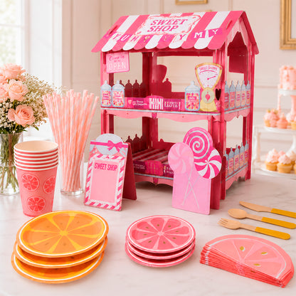 Kit de Fiesta Citrica Toronja: Platos, Vasos, Cubiertos, Popotes, Servilletas y Decoración