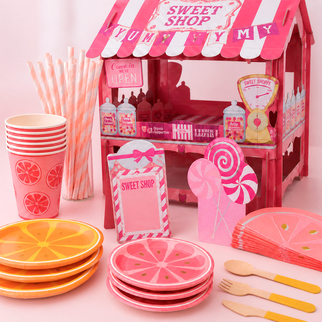 Kit de Fiesta Citrica Toronja: Platos, Vasos, Cubiertos, Popotes, Servilletas y Decoración