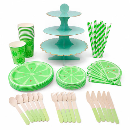 Kit de Fiesta Citrica Limon Verde: Platos, Vasos, Cubiertos, Popotes, Servilletas y Decoración
