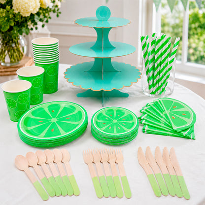 Kit de Fiesta Citrica Limon Verde: Platos, Vasos, Cubiertos, Popotes, Servilletas y Decoración