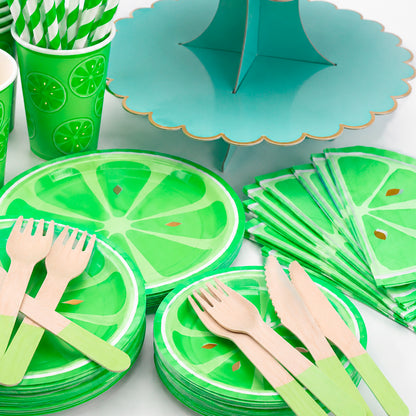 Kit de Fiesta Citrica Limon Verde: Platos, Vasos, Cubiertos, Popotes, Servilletas y Decoración
