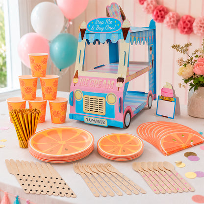Kit de Fiesta Cítrica Naranja: Platos, Vasos, Cubiertos, Popotes, Servilletas y Decoración