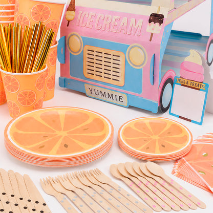 Kit de Fiesta Cítrica Naranja: Platos, Vasos, Cubiertos, Popotes, Servilletas y Decoración