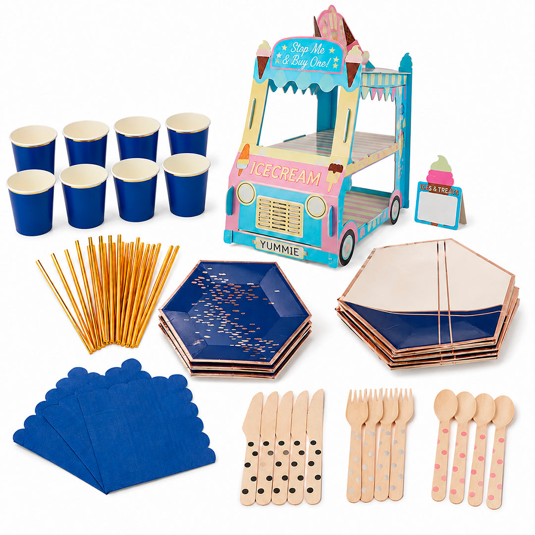 Kit de Fiesta Royal Blue: Platos, Vasos, Cubiertos, Popotes, Servilletas y Decoración