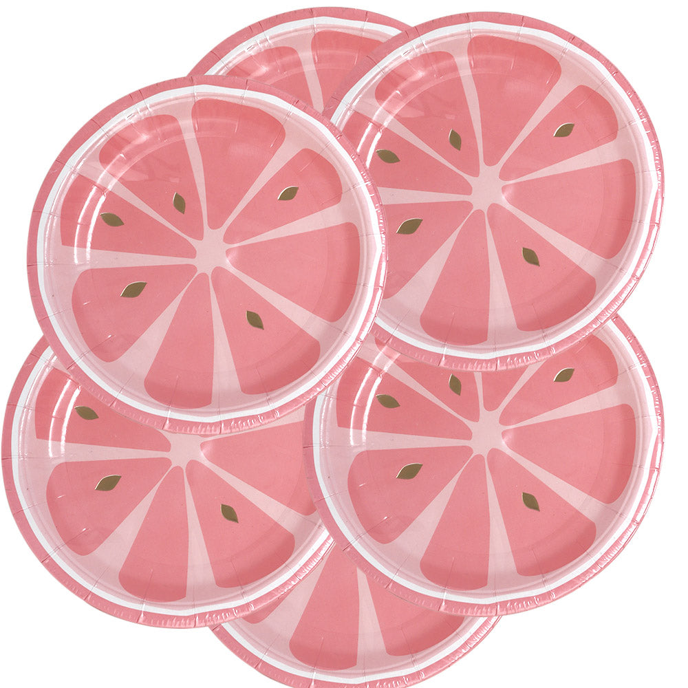 Kit de Fiesta Citrica Toronja: Platos, Vasos, Cubiertos, Popotes, Servilletas y Decoración