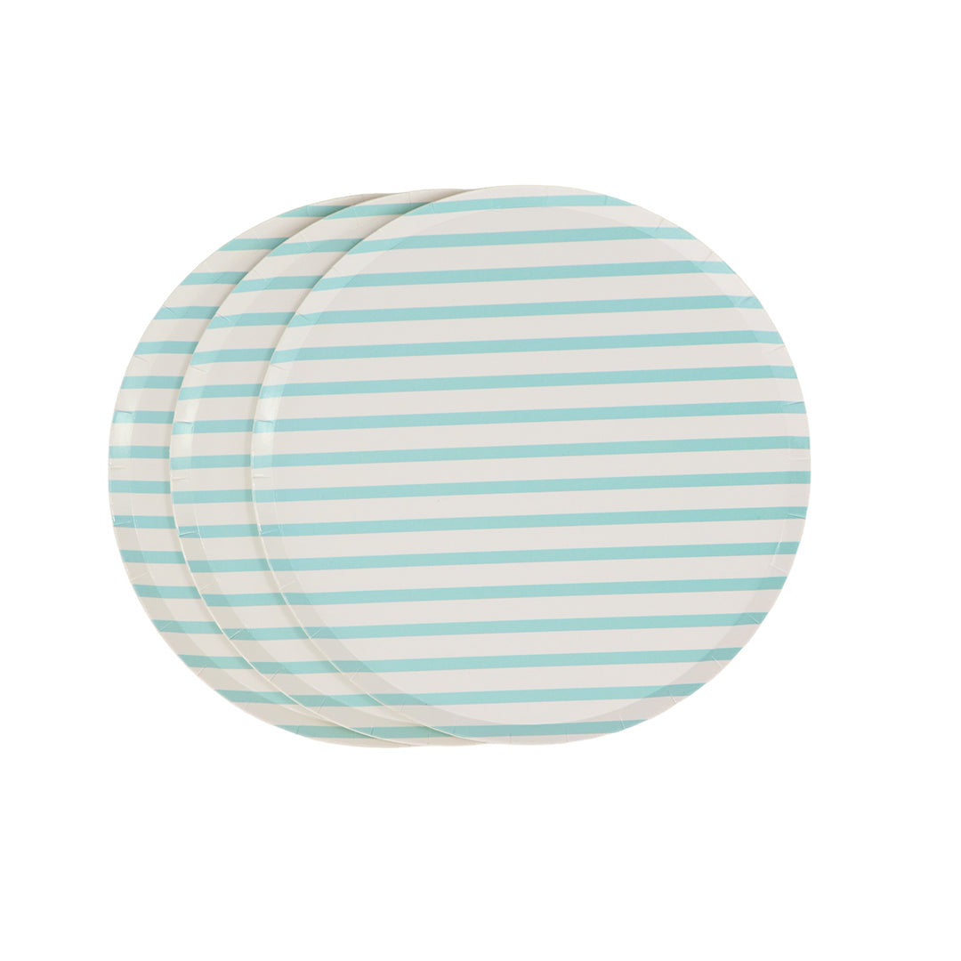 Plato 7" Blanco Rayas Verde Menta Con 8 Piezas