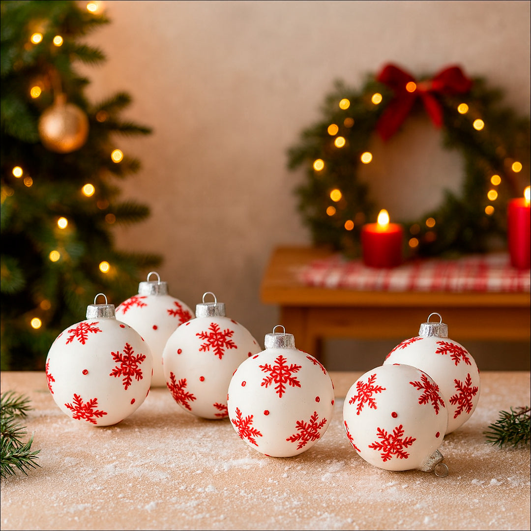 SET 6 Esferas Navideñas - BLANCA ESTRELLAS ROJAS