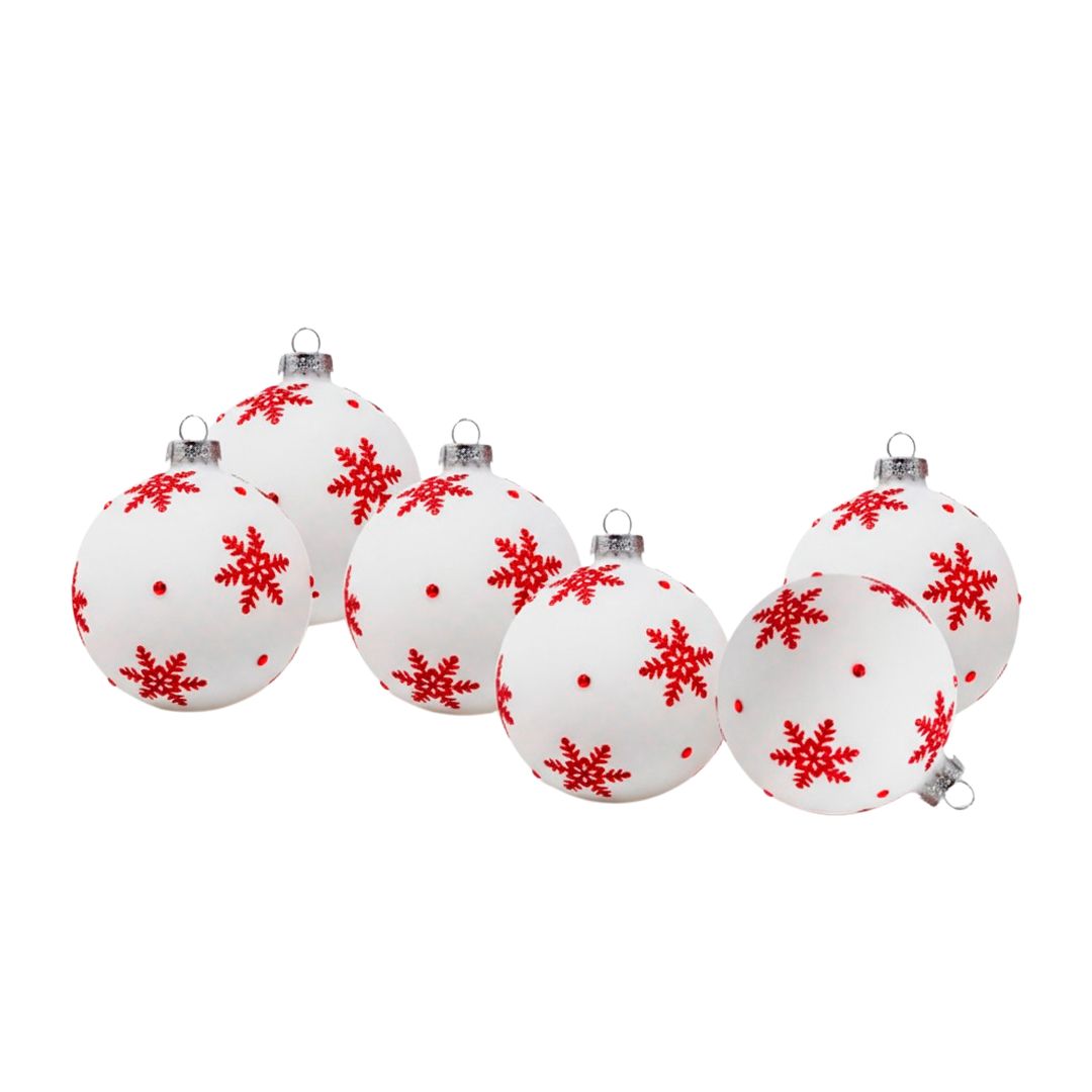 SET 6 Esferas Navideñas - BLANCA ESTRELLAS ROJAS