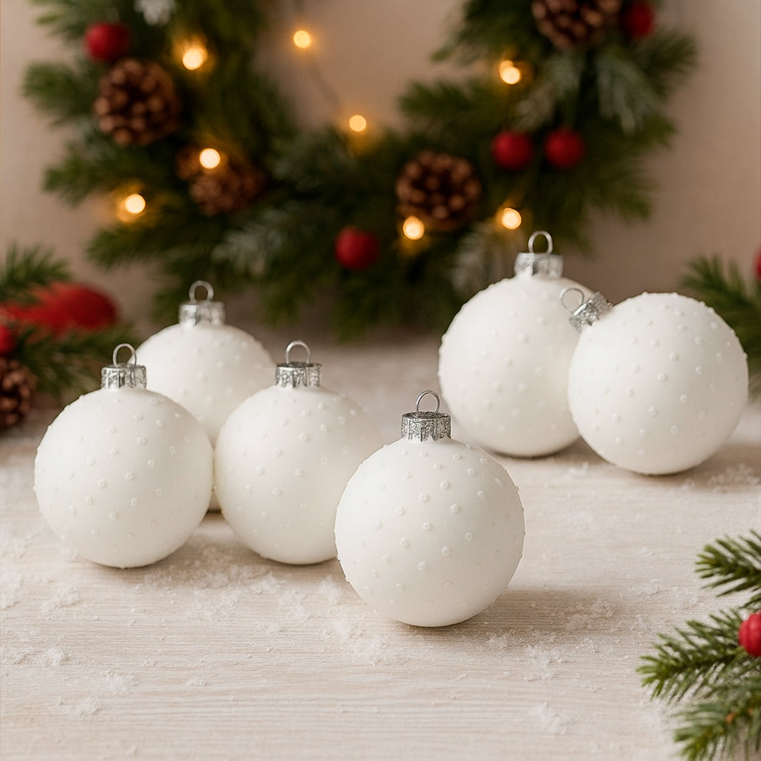 Set de 6 Esferas Navideñas Blancas con Puntos Plateados