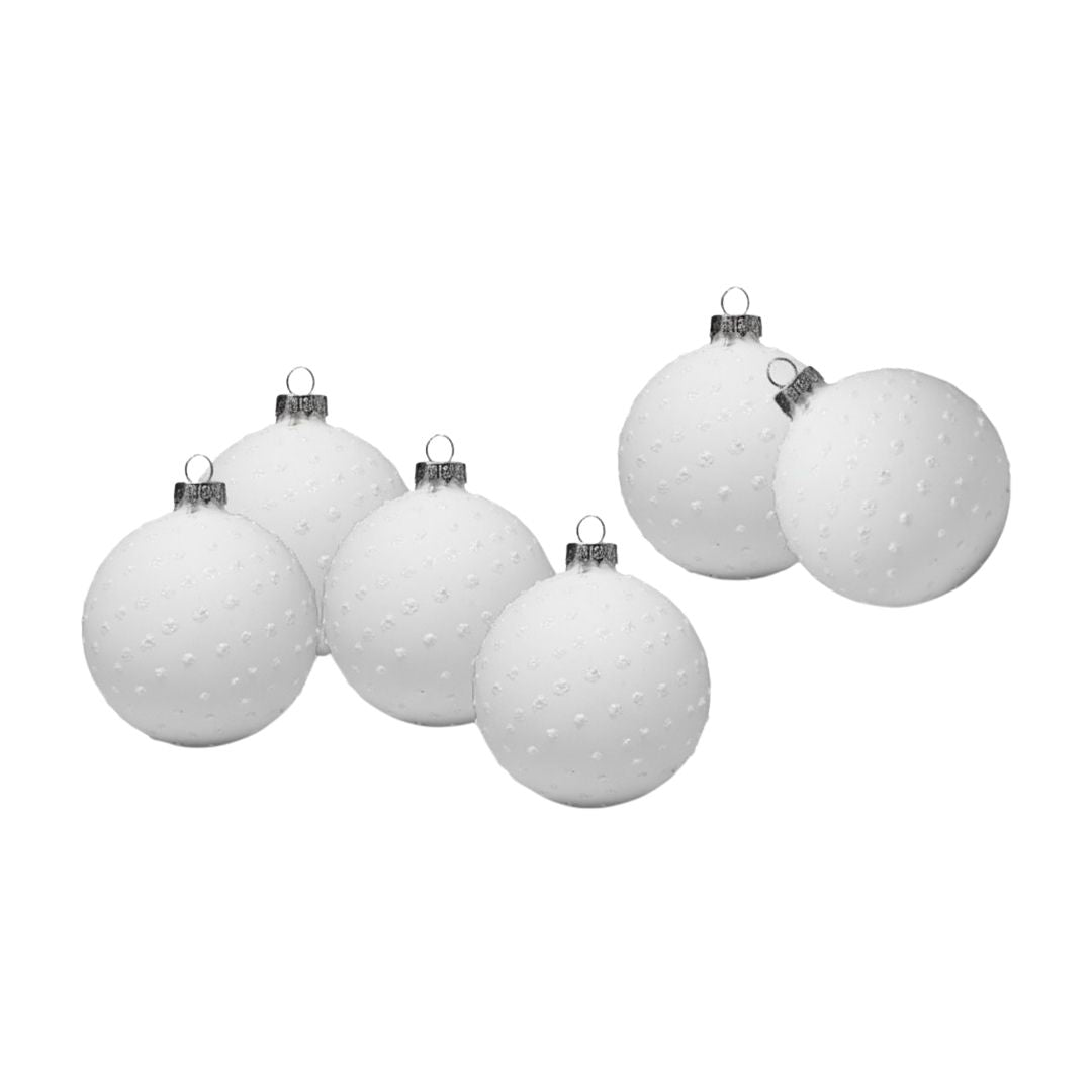 Set de 6 Esferas Navideñas Blancas con Puntos Plateados