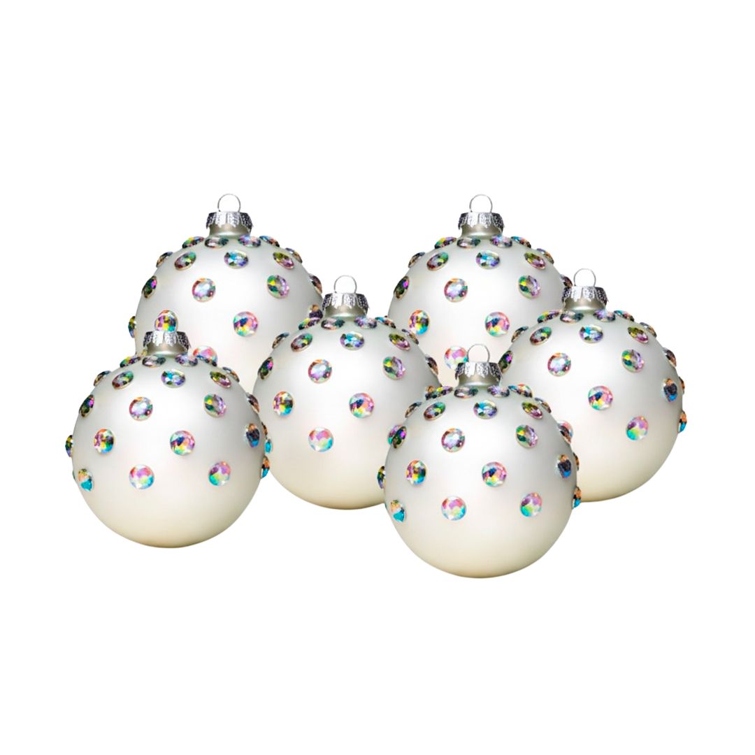 Set de 6 Esferas Navideñas Blancas y Piedras de Colores