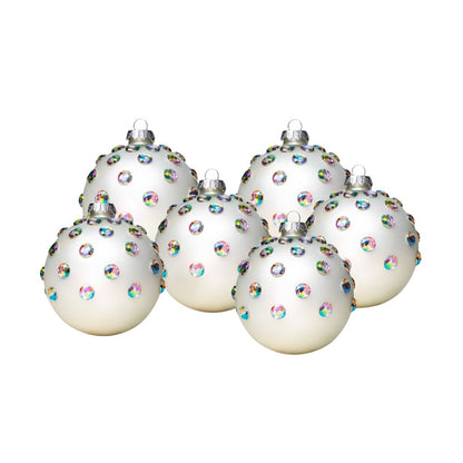 Set de 6 Esferas Navideñas Blancas y Piedras de Colores