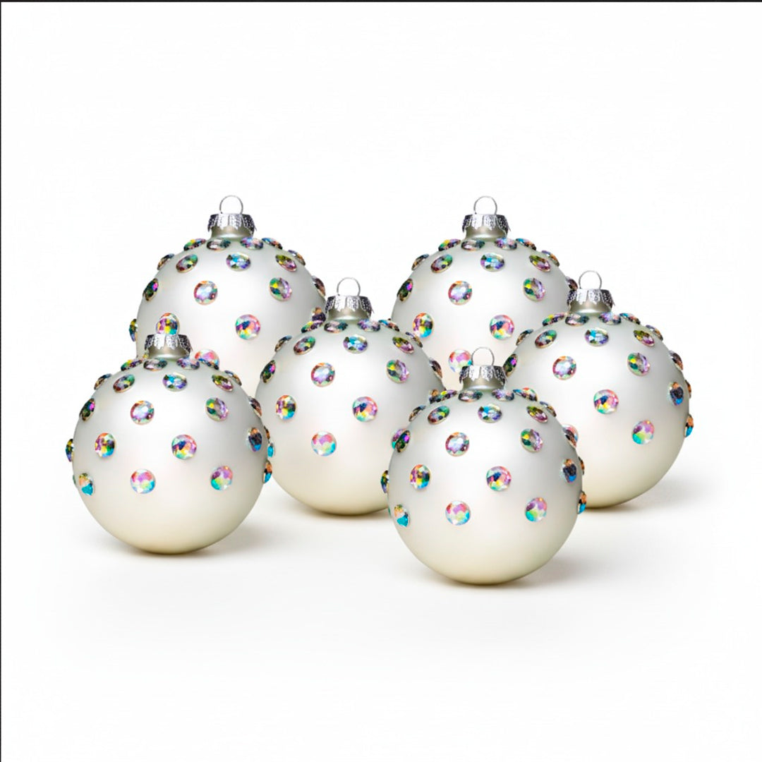 Set de 6 Esferas Navideñas Blancas y Piedras de Colores