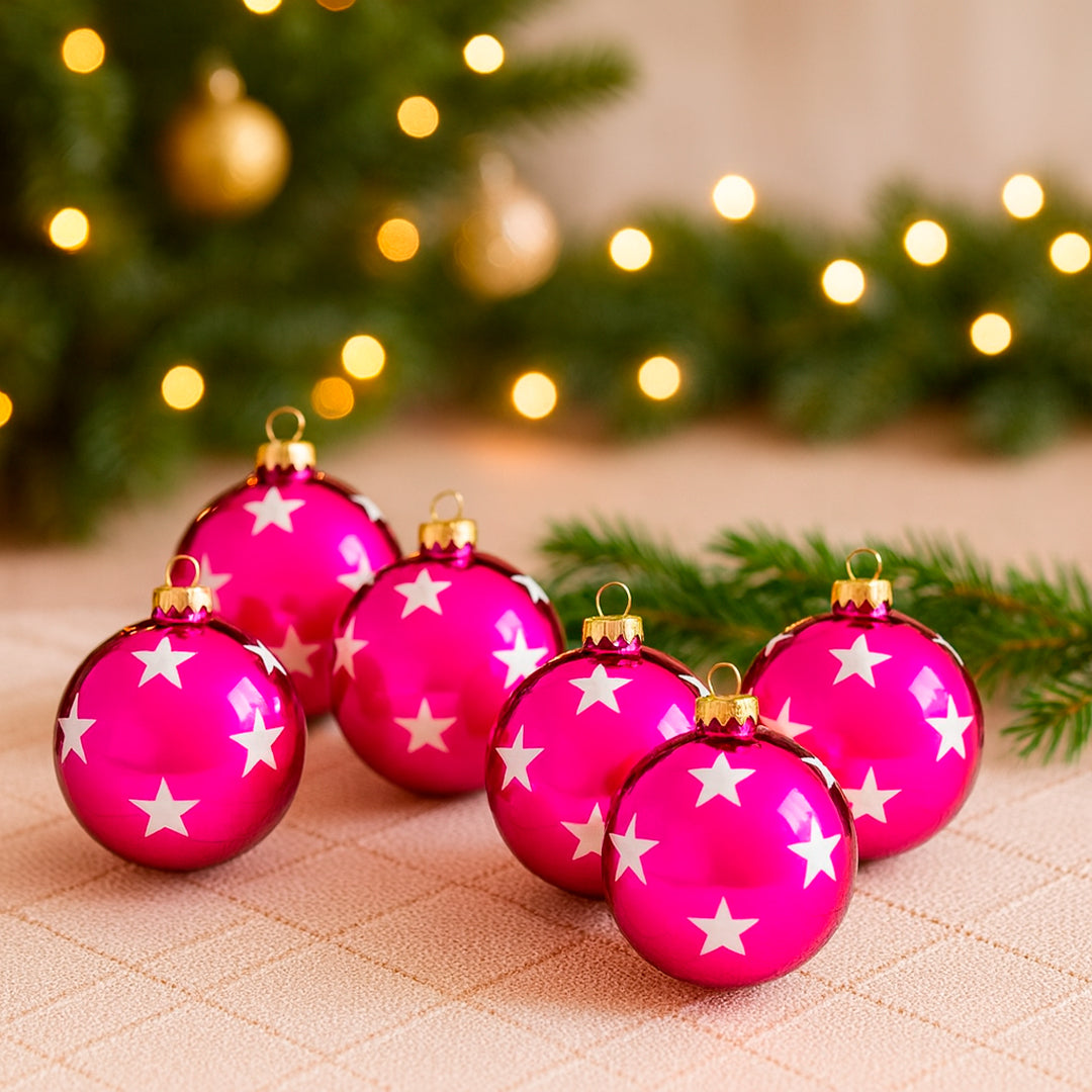 Set de 6 Esferas Navideñas Fucsia/Estrellas Blancas