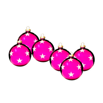 Set de 6 Esferas Navideñas Fucsia/Estrellas Blancas