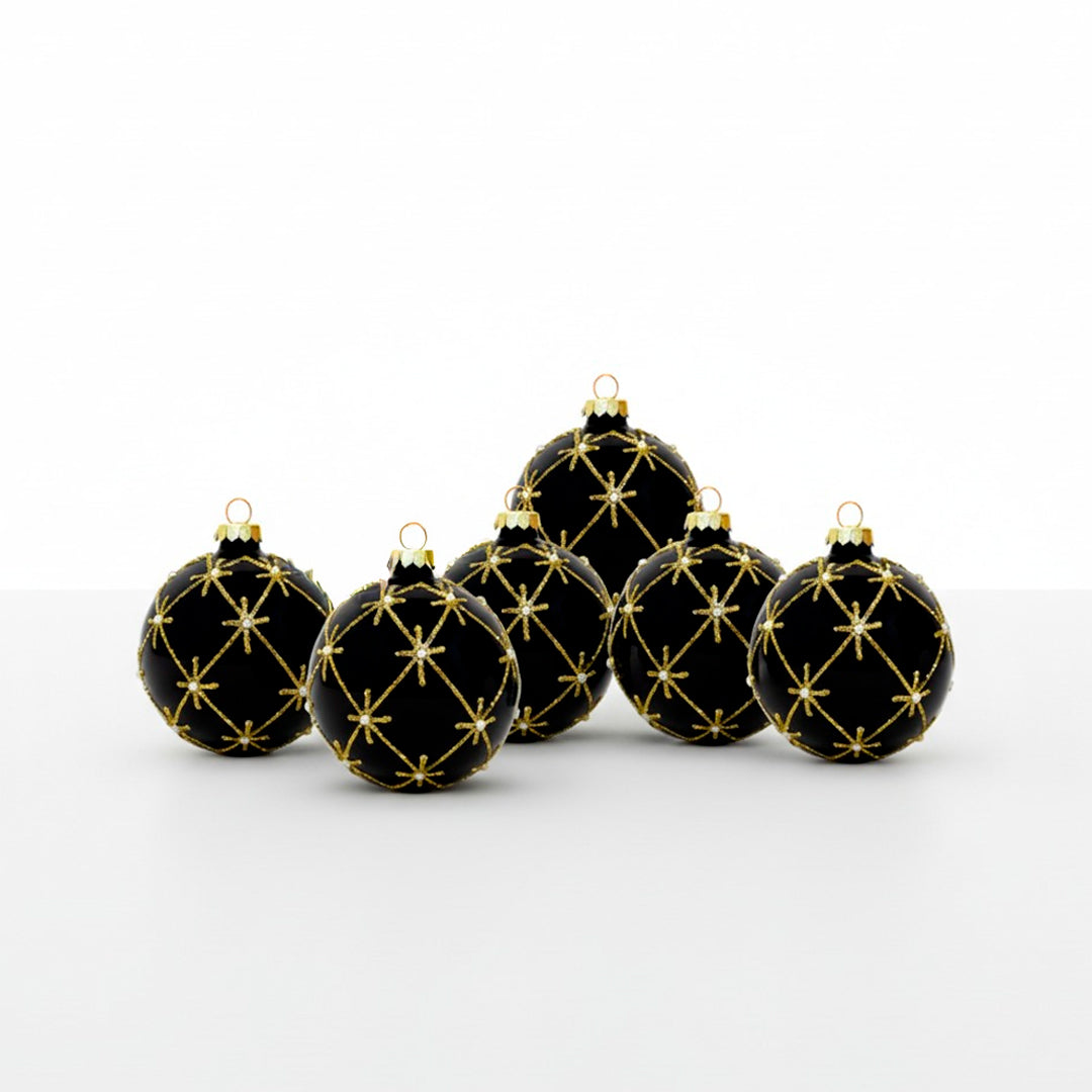 Set de 6 Esferas Navideñas Negras - Estrellas Doradas