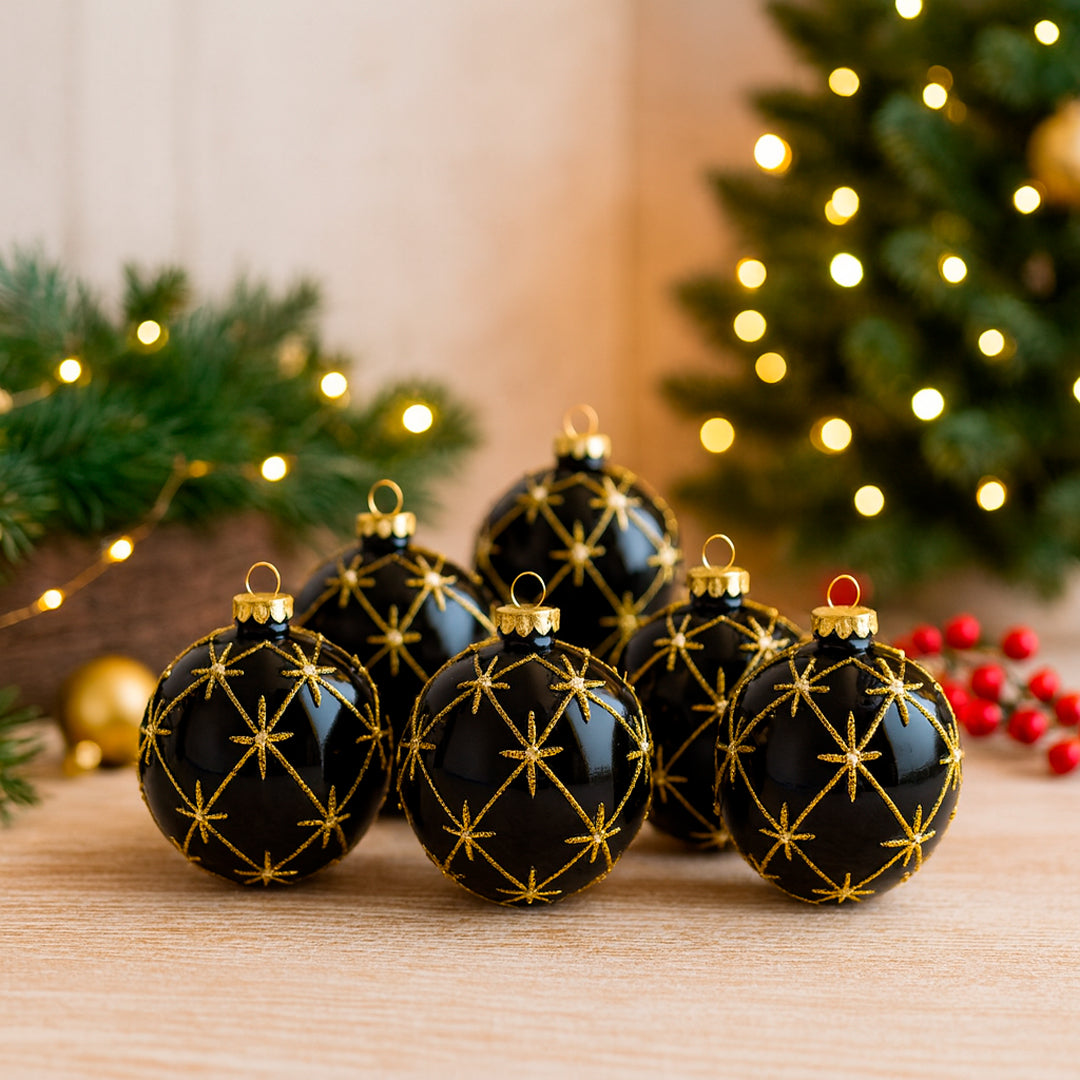 Set de 6 Esferas Navideñas Negras - Estrellas Doradas