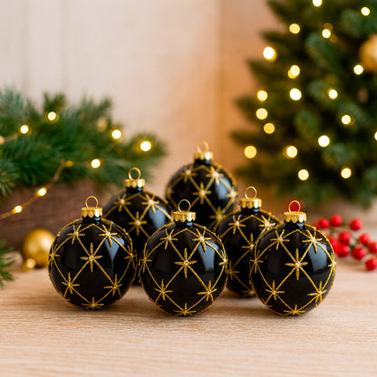 Set de 6 Esferas Navideñas Negras - Estrellas Doradas