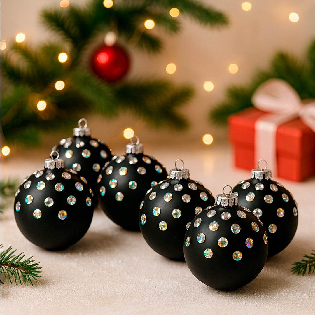 Set de 6 Esferas Navideñas Negras - Piedras de Colores