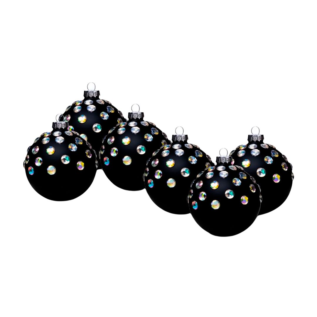 Set de 6 Esferas Navideñas Negras - Piedras de Colores