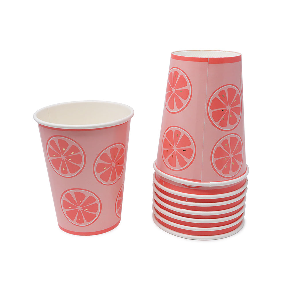 Kit de Fiesta Citrica Toronja: Platos, Vasos, Cubiertos, Popotes, Servilletas y Decoración
