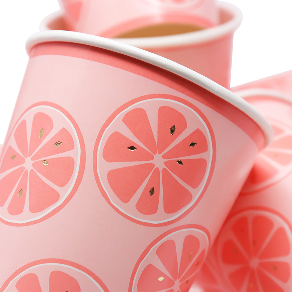Kit de Fiesta Citrica Toronja: Platos, Vasos, Cubiertos, Popotes, Servilletas y Decoración