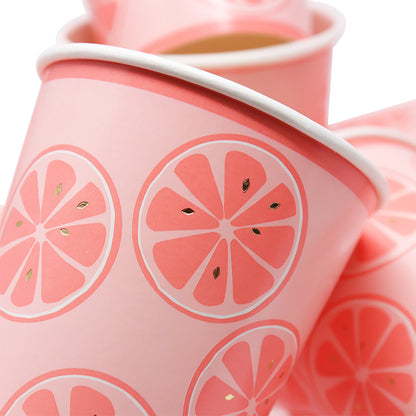 Kit de Fiesta Citrica Toronja: Platos, Vasos, Cubiertos, Popotes, Servilletas y Decoración