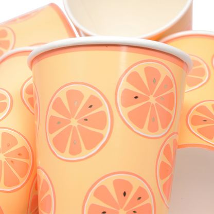 Kit de Fiesta Cítrica Naranja: Platos, Vasos, Cubiertos, Popotes, Servilletas y Decoración