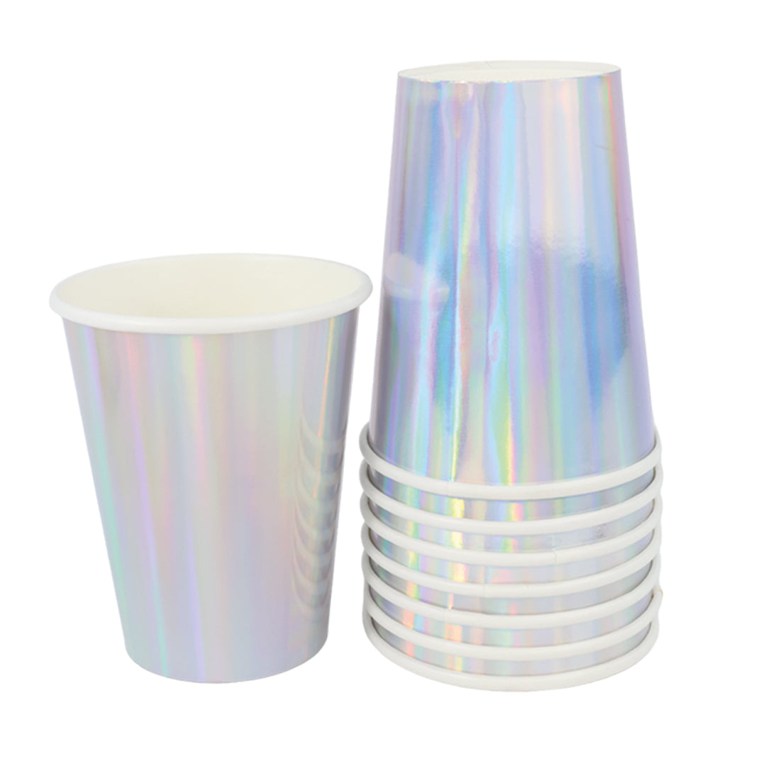 Kit de Fiesta Iridiscente Chic: Platos, Vasos, Cubiertos, Popotes, Servilletas y Decoración