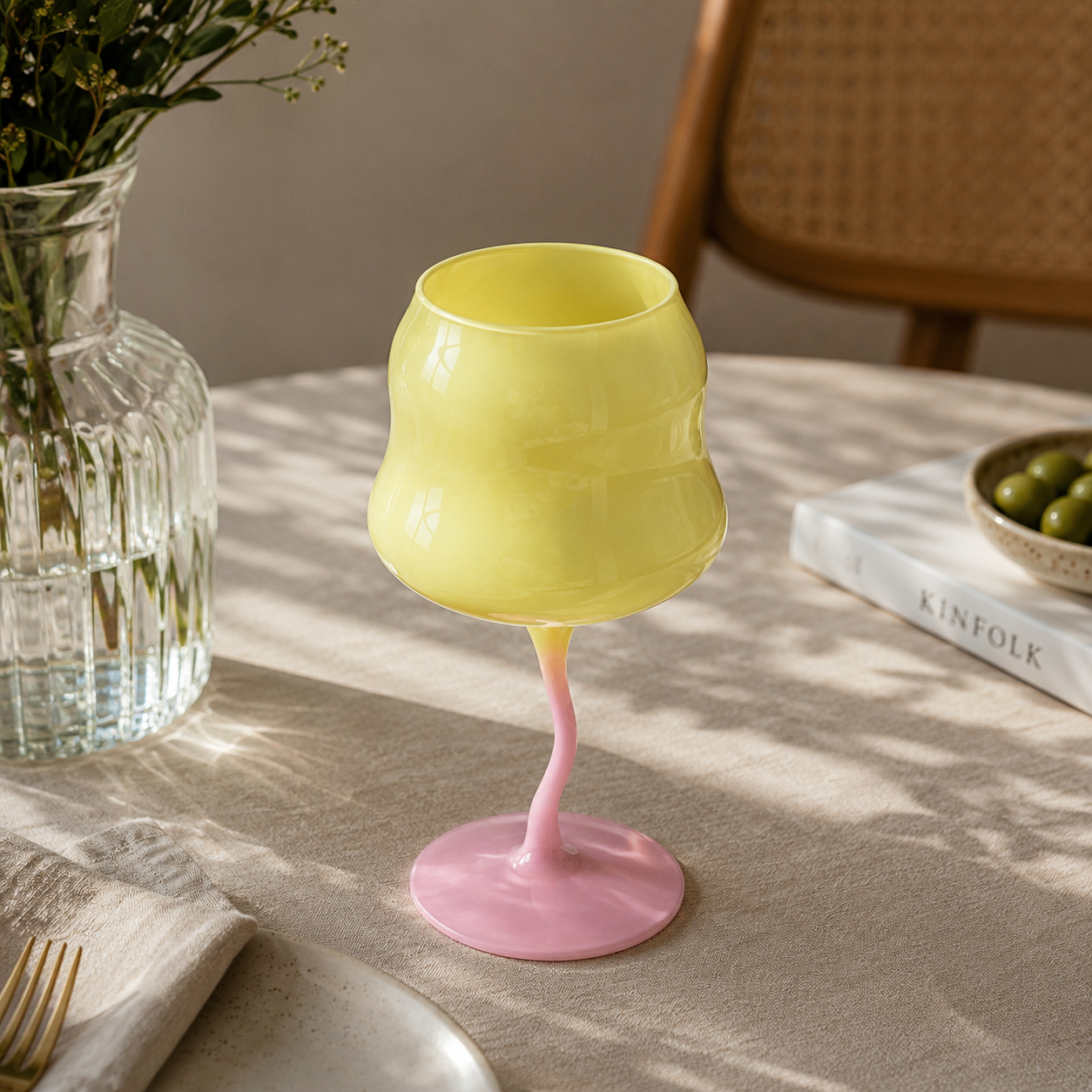 Copa de Vino Ondulada Amarilla con base Rosa