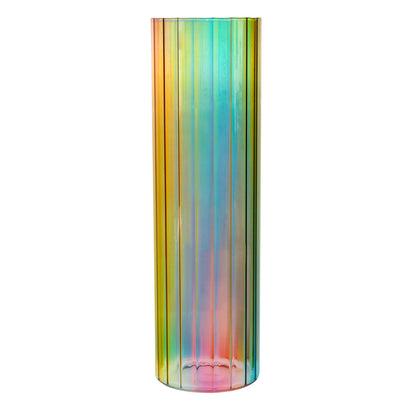 Florero Cilíndrico de Cristal Iridiscente con Efecto Arcoíris