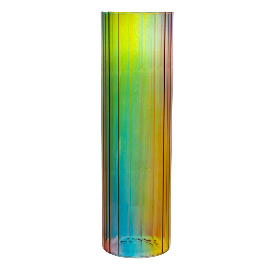 Florero Cilíndrico de Cristal Iridiscente con Efecto Arcoíris