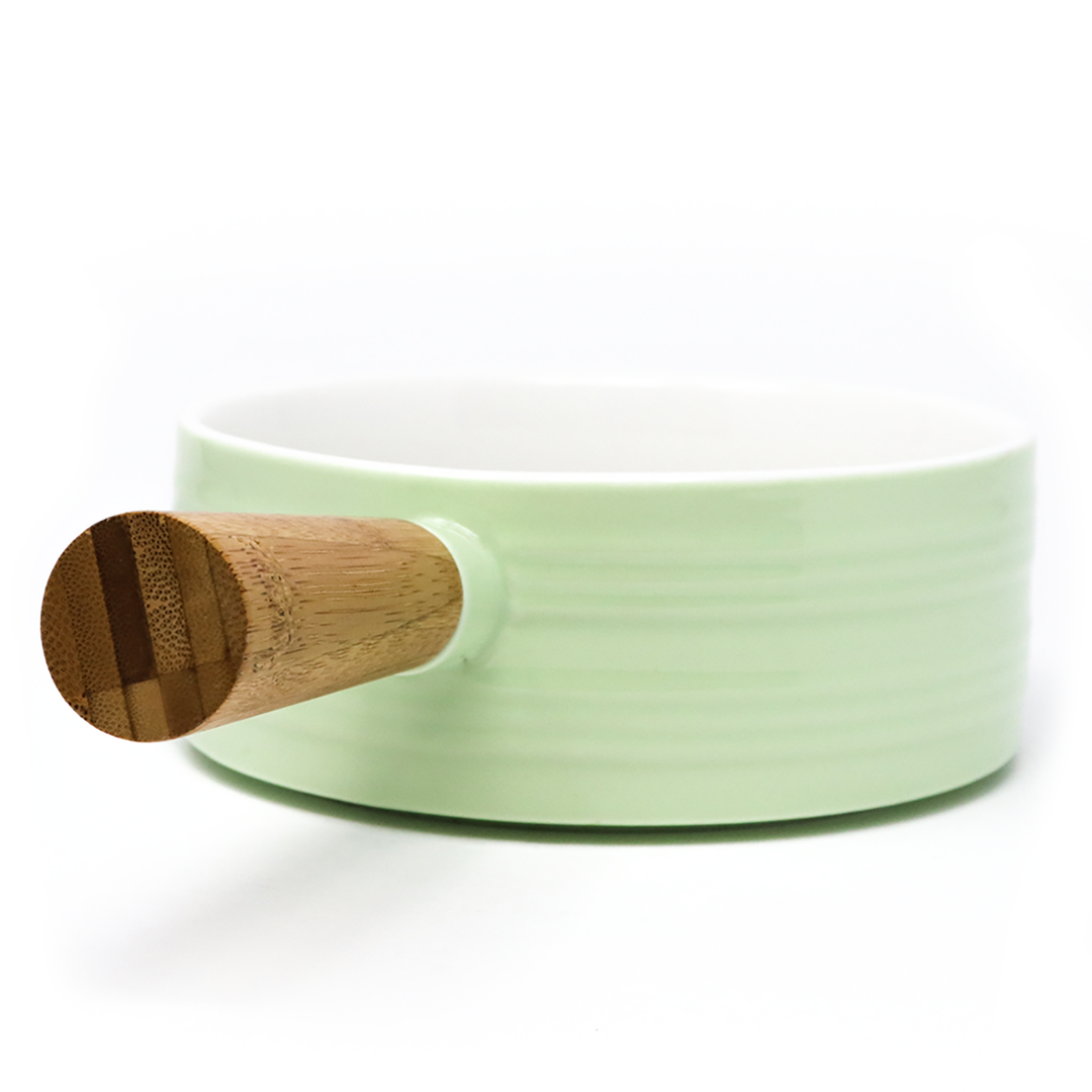 Tazón Cerámica Verde Menta con Mango Madera Estilo Sartén 25cm