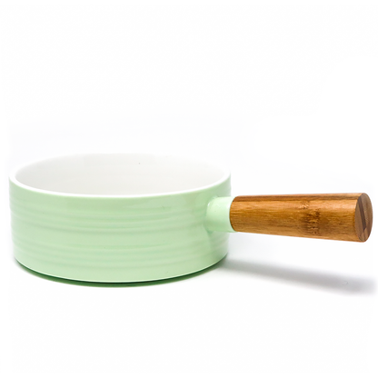 Tazón Cerámica Verde Menta con Mango Madera Estilo Sartén 25cm