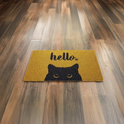 Tapete Café Claro Diseño de Gato Negro "HELLO"
