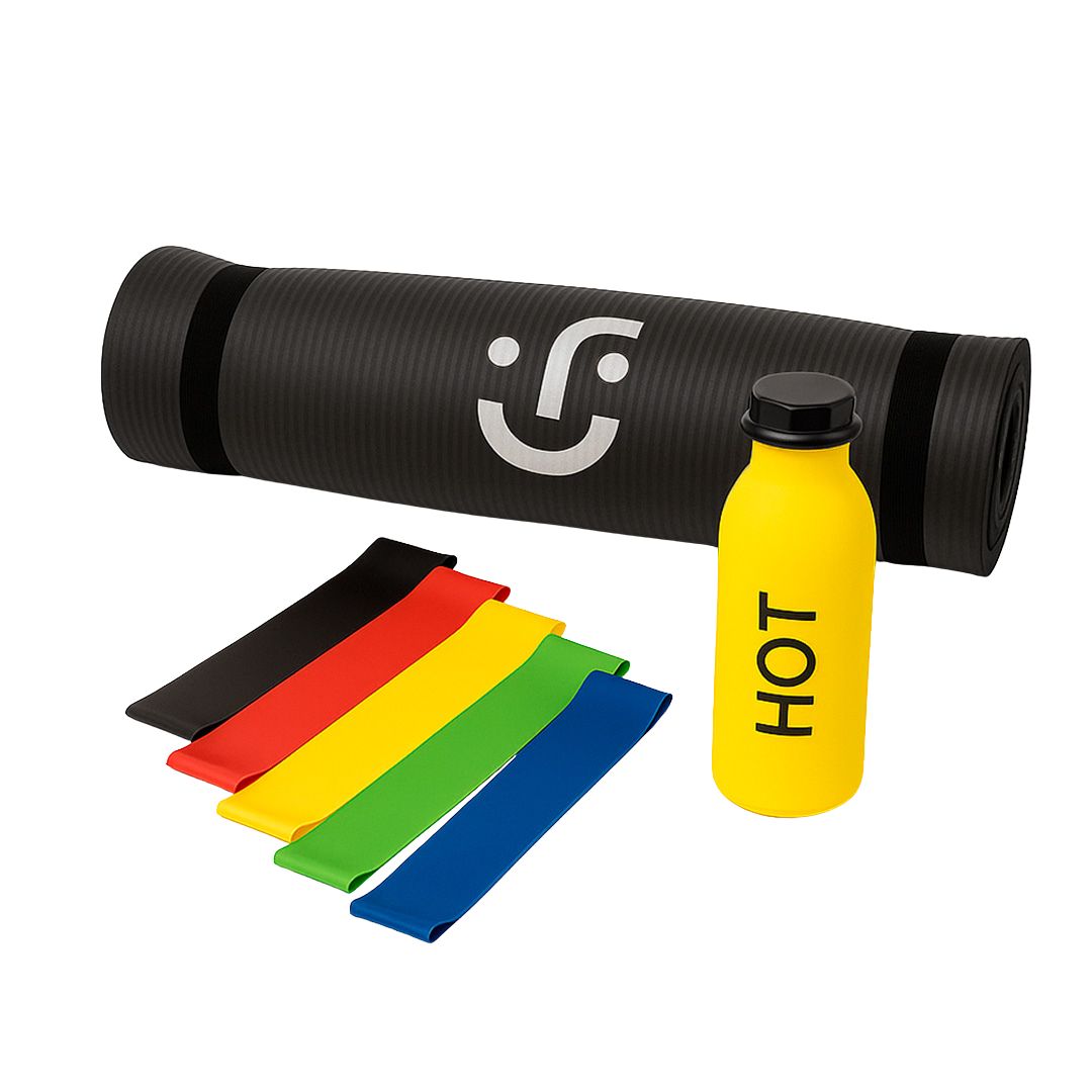 Set de Yoga y Ejercicio - Tapete Negro, Bandas de Resistencia y Botella