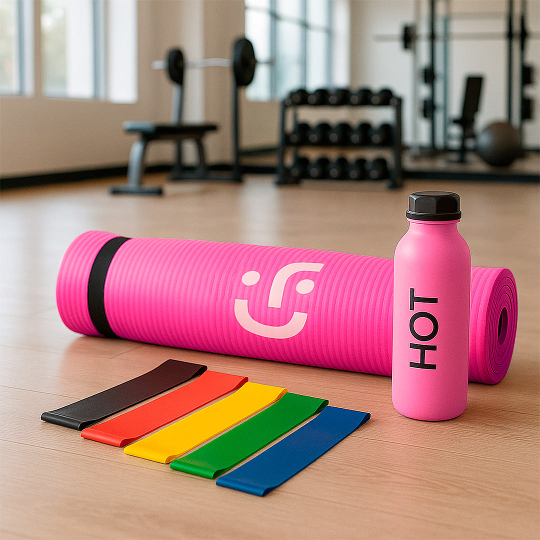 Set de Yoga y Ejercicio - Tapete Rosa, Bandas de Resistencia y Botella